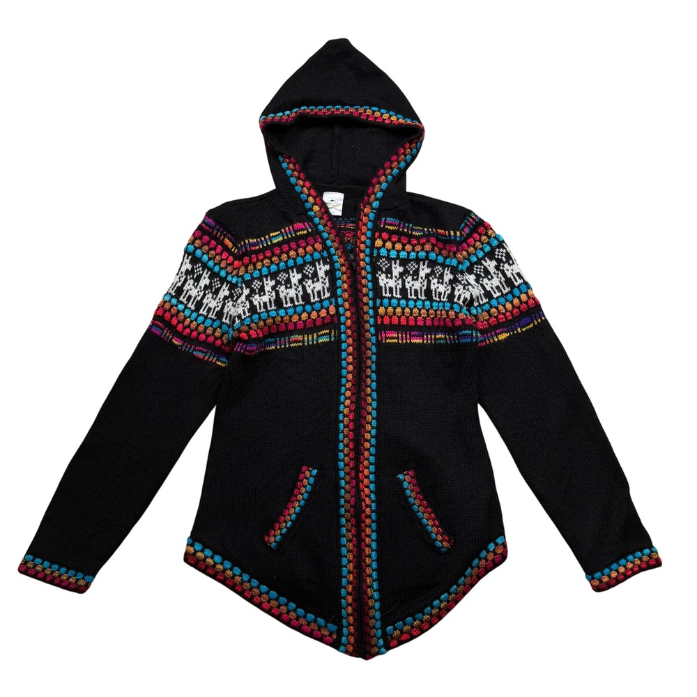 Indian Crafts Alpaca Wool Llama Hoodie Sweater Peruvian Knit Zip Up Black S/M